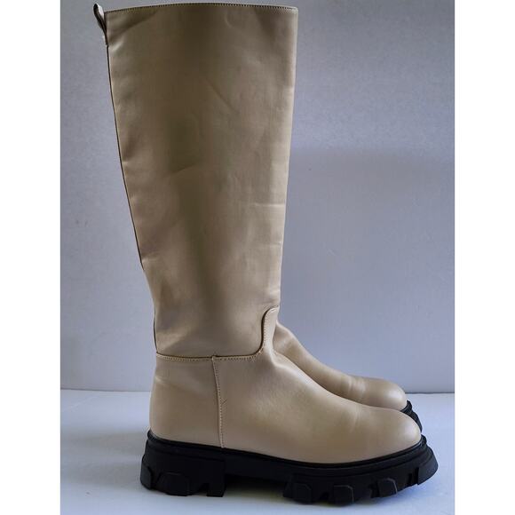 Pretty Little Thing Platform Chunky Sole Calf High Tan Boots Size 8 S0025 - Picture 3 of 7